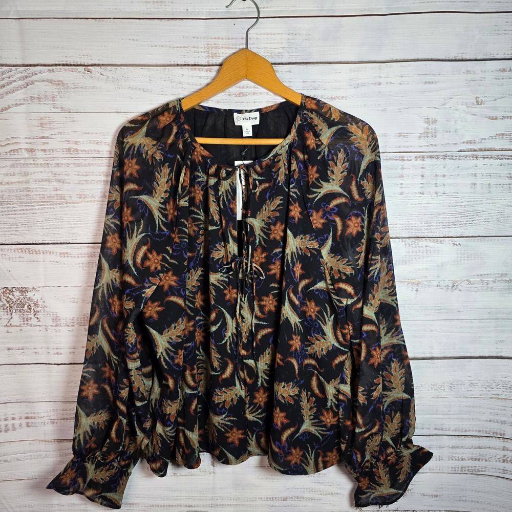 The Drop Black Floral Boho Long Sleeve Tie Neck Blouse Women's plus size L NWT
